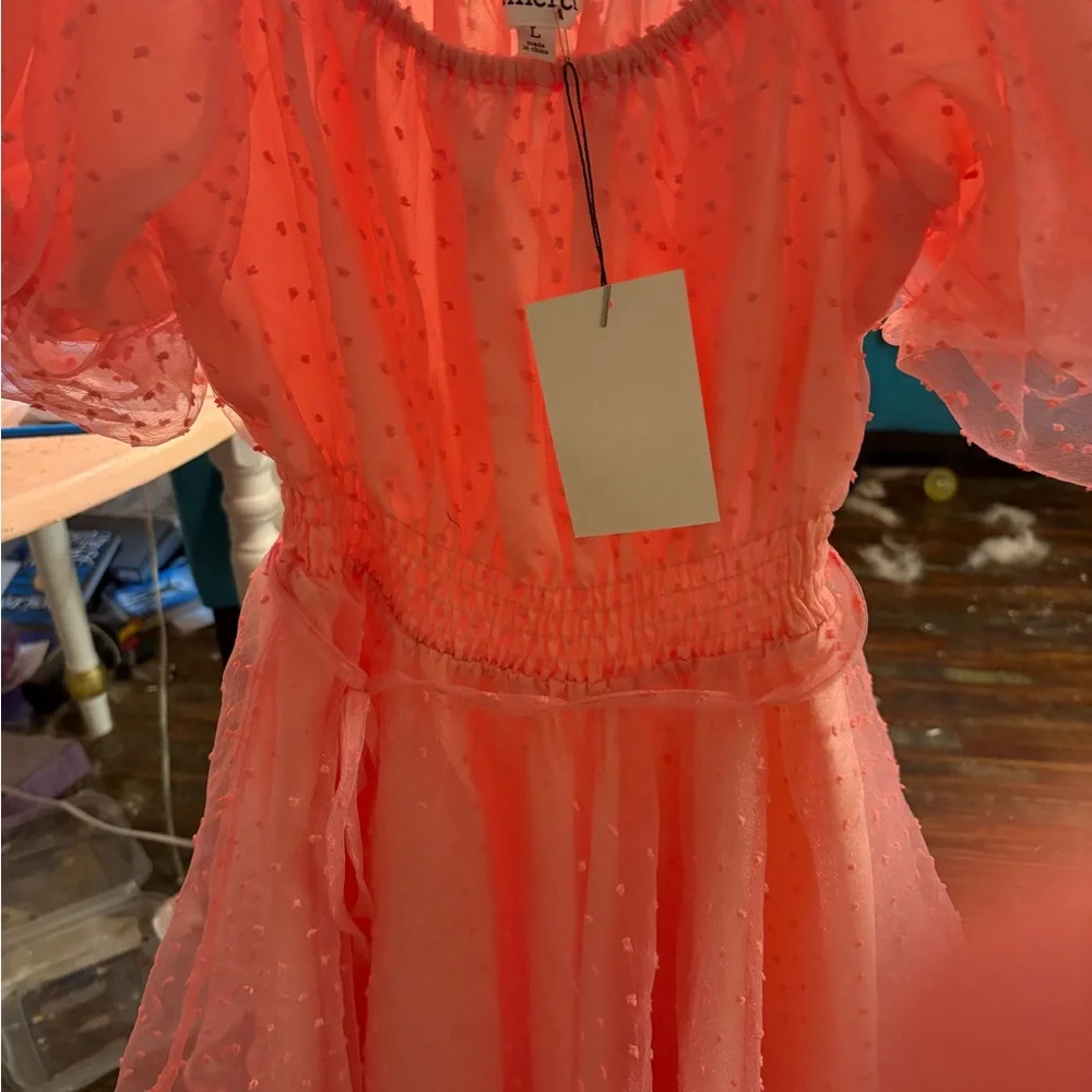 Light Pink Puffy Sleeve Polka Dot Midi Dress - Picture 3 of 6